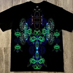 Black Short-Sleeve Graphic Tee with Neon Green & Blue Tribal Motif